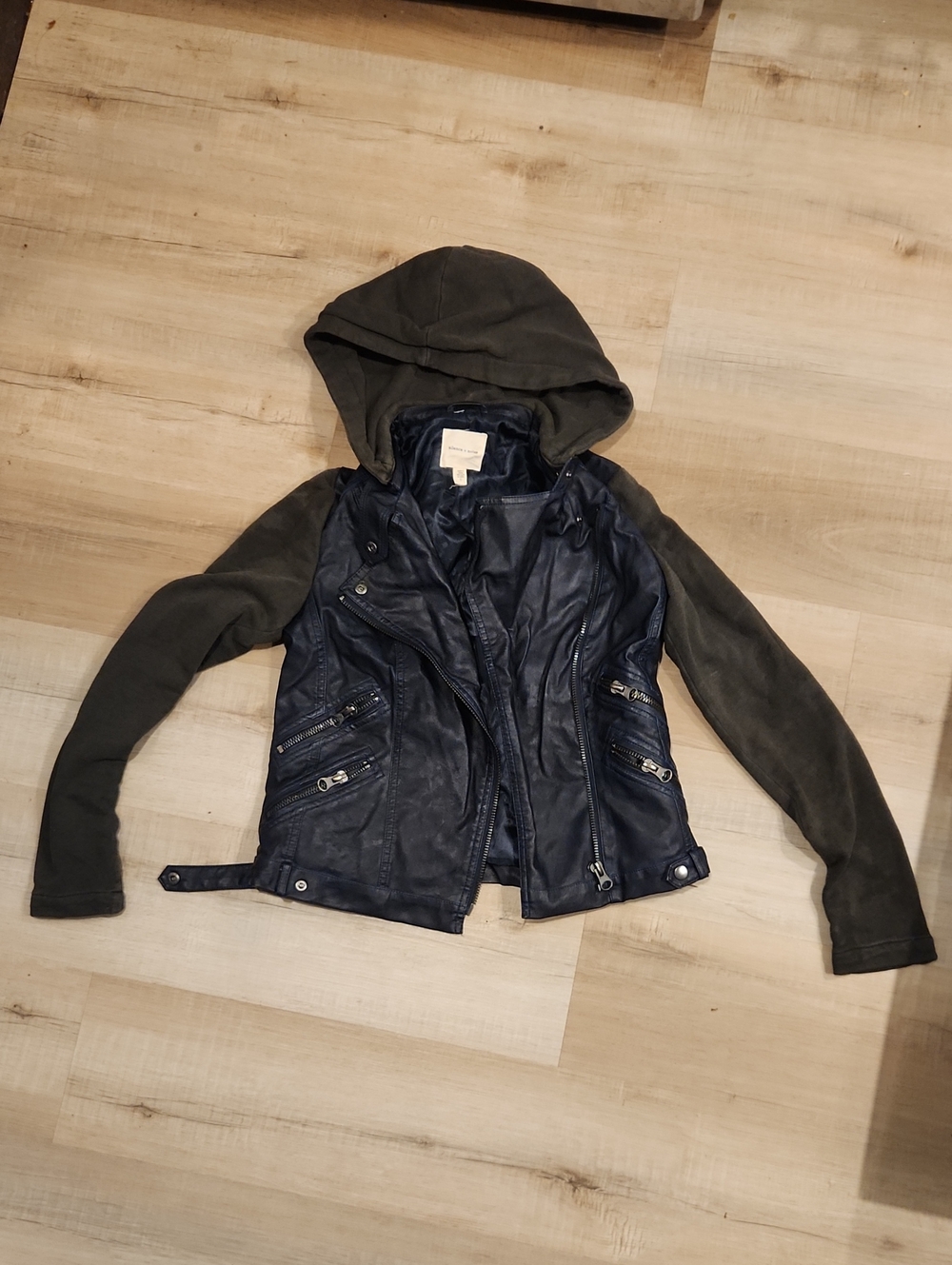 silence + noise Two-Tone Hooded Leather Jacket in Navy and Olive